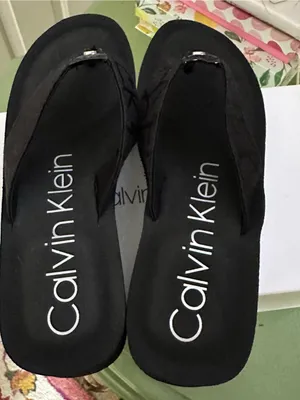 Calvin Klein Women's Mulan Logo Black Wedge Thong Slides Sandals Size 10 NIB thumbnail 5