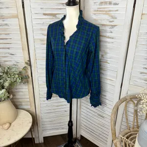 BROOKS BROTHERS Women's 8 Tartan Navy Plaid Long Sleeve Button Top Ruffle Neck thumbnail 6