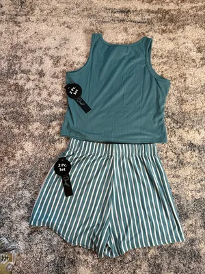 Diva Teal Ribbed Tank & Striped Shorts Set Green thumbnail 7