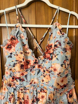 Altar'd State Floral Ruffle Tiered Sundress in Light Blue and Coral thumbnail 3
