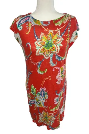 Lauren Ralph‎ Lauren Red Floral Paisley 100% Linen Shift Dress Womens S tropical thumbnail 1