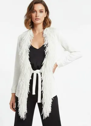 Ruby Rd. Ivory Fringe Trim Cotton Cardigan Tie Ponte Knit Sweater M thumbnail 1