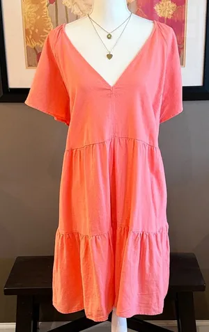 UNIVERSAL THREADS Coral Linen Blend V-Neck Boho Peasant Tiered Midi Dress XXL thumbnail 1