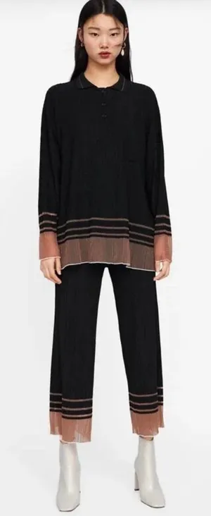 Zara‎ Pants Textured Weave with Contrasting Hem Ribbed Black Mauve Size Medium thumbnail 1