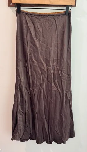 Nati Brown Satin Midi Skirt Lace Trim Waistband Size Small Chocolate Bias Cut thumbnail 1
