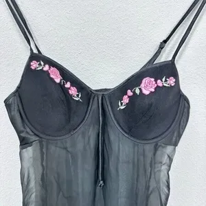 Gilligan & O'Malley Vintage Sheer Babydoll Dark‎ Fairy Lingerie Black Floral thumbnail 6