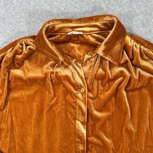 Jodifl Velvet Gathered Shoulder Blouse Women's Medium Golden Brown Button Front thumbnail 5