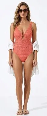 BECCA Rebecca Virtue Reveal Crochet Plunge One Piece Swimsuit Coral L thumbnail 1