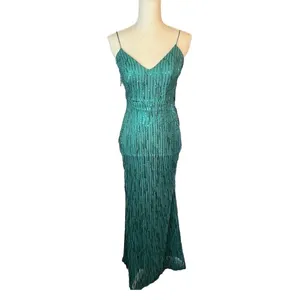 City studio green sequin gown formal prom emerald gala sleeveless fringe thumbnail 2