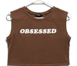 H&M Divided Women Brown Obsessed Graphic Sleeveless Crop Top XS thumbnail 1