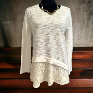 Cloth & Portrait White Knit Long Sleeve Top Floral‎ Lace Hem Tunic Small thumbnail 2