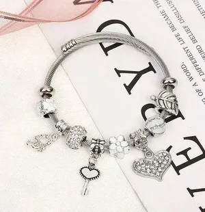 925 Silver Plated Love Heart Key Charm Bracelet for Women thumbnail 1
