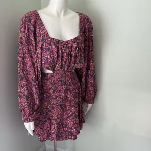 Free People Jeal Bohemian Floral Cutout Dress Pink Long Sleeve Dress Medium thumbnail 4