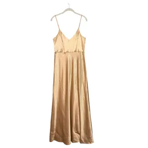 Birdy Grey Satin Maxi Dress Spaghetti Strap Slit Gold Bridesmaid Formal M thumbnail 2