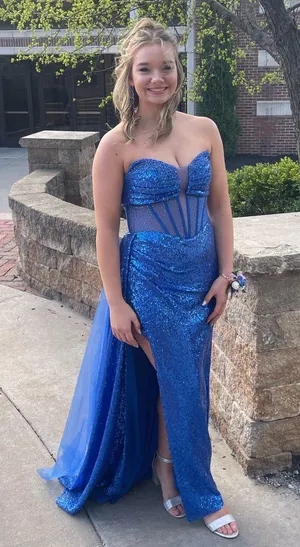Blue Sequin Camille La Vie Prom Dress thumbnail 3
