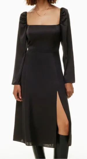Aritzia Wilfred Bridgerton Satin Black long Sleeve Midi Dress size 8 $168 thumbnail 1