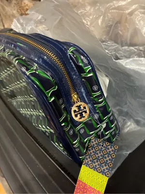 Tory Burch Rain Boot Large Cosmetic Case Bag Navy Galoshes 416 Blue Green NWT thumbnail 7