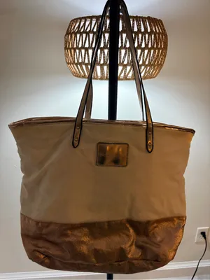 PINK Victoria's Secret Cream Canvas Tote with Rose Gold Metallic Base thumbnail 1