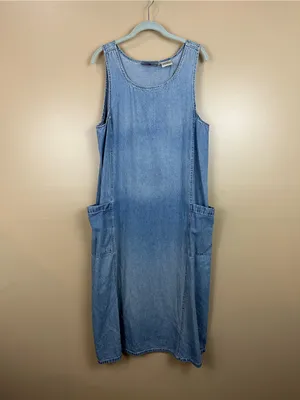 Vintage Denim Jumper Midi Dress M Utility Pockets 100% Cotton 90s Country thumbnail 3