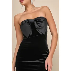 Lulus Dramatic Stunner Black Velvet Bow Strapless Maxi Dress Sz L Glam Galas $88 thumbnail 10
