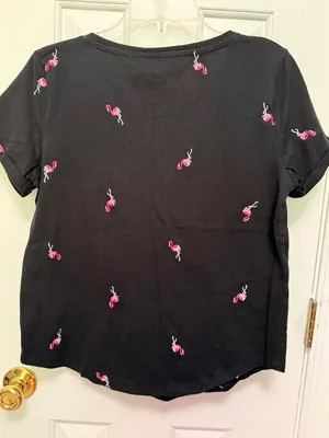 Vintage‎ America Black Flamingo Embroidered Tee Shirt Small Cute Novelty Top thumbnail 3