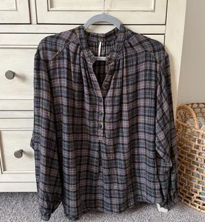Free People Gray and Black Boxy Blouse with Mandarin Collar thumbnail 2