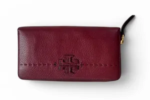 Tory Burch Deep Wine Pebbled Leather Half Zip Wallet thumbnail 1