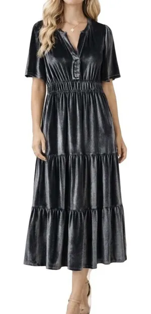Spartina 449 Velvet Maxi Dress Medium Gray Tiered Short Sleeve V‎ Neck Boho thumbnail 1