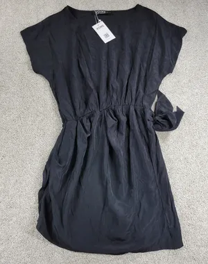 Yoins Womens Wrap Dress Large Black Tie Crewneck Short Sleeve Ruched Mini NEW thumbnail 1