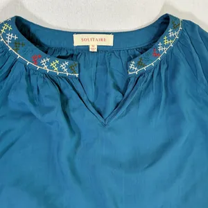 Solitaire Womens M Teal Blue Embroidered Puff Sleeve Boho Peasant Blouse thumbnail 4