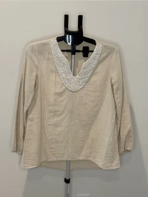 Isaac Mizrahi New York Linen Blend Beaded Neck Blouse Small thumbnail 2