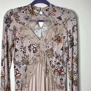 Gypsies & Moondust Pink Retro Floral‎ Lace Peek A Boo Flowy Mini Dress L thumbnail 2