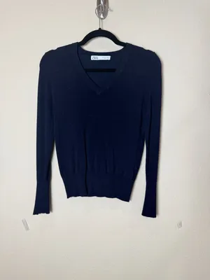 Zara V Neck Fine Gauge Sweater with Gold Button Sleeve Detail Navy Size Small thumbnail 3