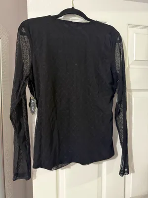 Black long-sleeve sheer/mesh lace ruched V-neck top thumbnail 2