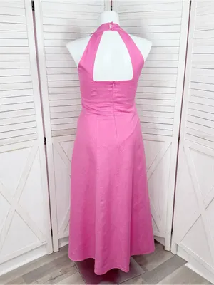 Jessica Howard Linen Blend Pleat Waist‎ Open Back Halter Maxi Dress Pink 14 thumbnail 4