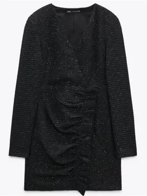 Zara Dress Size Womens Textured Mini‎ Weave Tweed Black Blazer Ruffle Dress M thumbnail 2