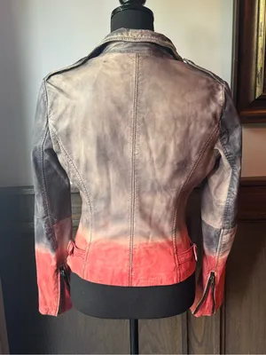 Muubaa Women's Gray-to-Coral Ombre Calf Skin Leather Moto Jacket US 6 thumbnail 4