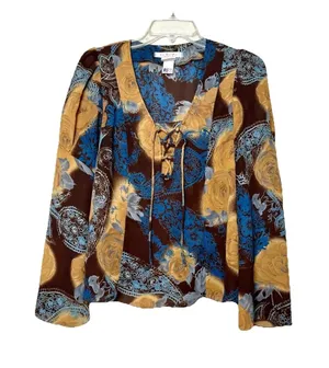 Vintage Y2K Floral Mesh Top Brown Blue Lace Up Bell Sleeve Sheer Blouse Size 7 thumbnail 1
