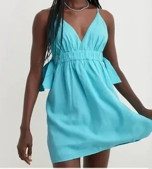 [Aerie] Blue Linen Blend Side Tie Elastic Waist V-Neck Low Back Mini Dress XXL thumbnail 1