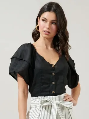 Sugarlips Mirabelle Puff Sleeve Top Black Linen Button Front V-Neck‎ Size Medium thumbnail 1
