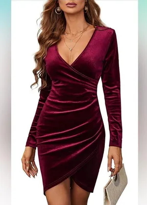 NEW Velvet Wrap V Neck L/S Ruched Cocktail Evening Party Dress L thumbnail 1