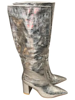Womens Silver Crocodile Embossed Knee High Boots Pointed Toe‎ Block Heel thumbnail 1