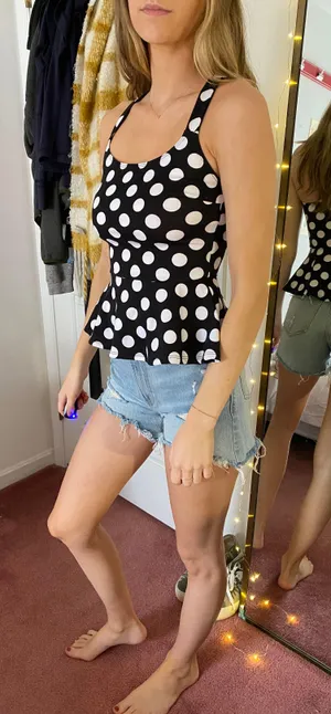 Black With White Polka Dot Peplum Top Size XS thumbnail 2