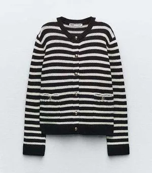 Zara button up sweater cardigan knitted stripped golden button thumbnail 3