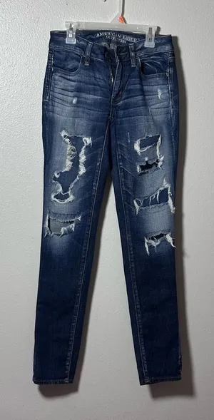 American Eagle Women Denim Blue Destroy Jeans jeggings size‎ 00 thumbnail 1