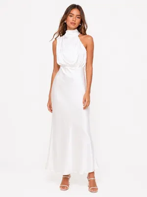NEW LULUS Distinctive Charm White Satin Asymmetrical Midi Dress SZ XS thumbnail 2