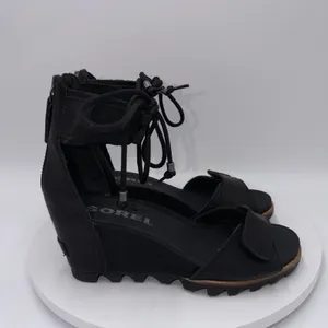 Sorel Joanie Black Leather Ankle Lace Up Wedge Heels Sandals Women's‎ Size 9 thumbnail 2