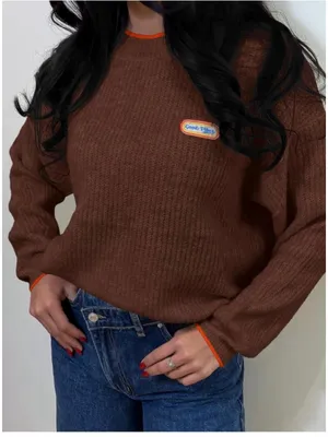 NEW Crew Neck Long Sleeve Knit Contrast Piping Strip Pullover Sweater M thumbnail 6