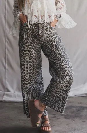 NWT Three Bird Nest Roaming Leopard Print Pants Wide Leg High Rise Tan Black S thumbnail 1