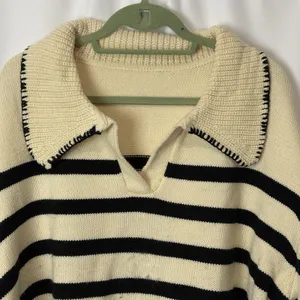Unbranded Women’s Collared Polo Sweater Cream & Navy Stripe 2XL Nautical Boho thumbnail 5